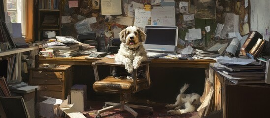 Cluttered home office with dog
