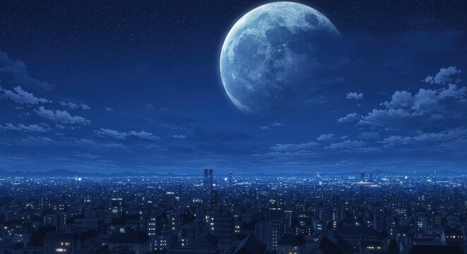 A large moon shines over a city at night