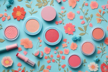 A flat lay arrangement of makeup products featuring lipstick, eyeshadow, and blush on a pastel blue background adorned with vibrant floral patterns, perfect for beauty, cosmetics, and fashion themes.