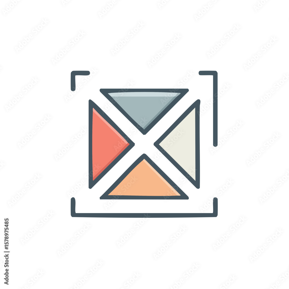 Aufkleber hand drawn vector icon featuring an expanded abstract square design with colorful triangles and a br