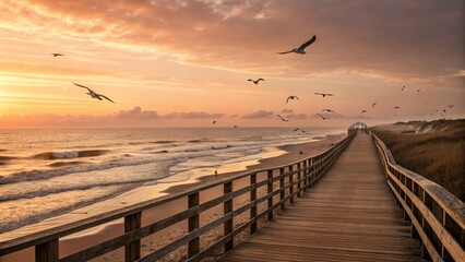 Golden sunset paints the sky over the ocean, with seagulls flying above the waves on the summer beach