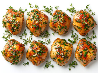 Golden roasted chicken thighs generously seasoned with fresh garlic, parsley, and thyme on a white surface.