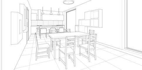 interior kitchen living room 3d illustration