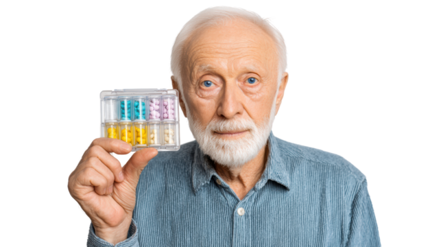 Senior man holding a pill organizer with colorful compartments, isolated on white background.