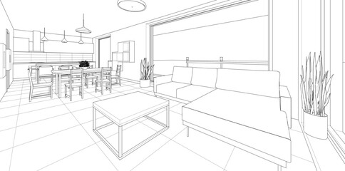 interior kitchen living room 3d illustration