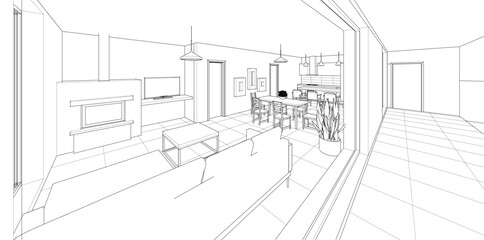 interior kitchen living room 3d illustration