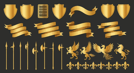 Golden Heraldic Emblems Shields, Banners, Weapons and Mythical Creatures for Design Projects