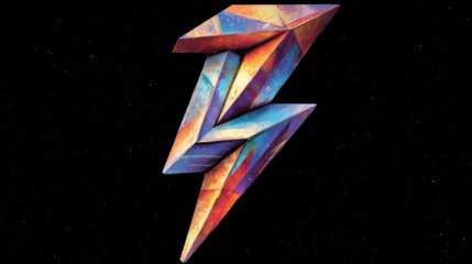 Angular geometric shape with colorful facets on a dark, star-speckled background