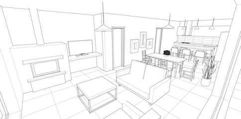 interior kitchen living room 3d illustration