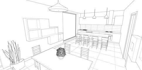 interior kitchen living room 3d illustration