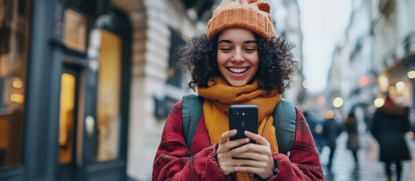 Happy woman using phone outdoors