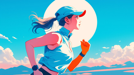 スポーツウェアの女性がイヤホンで音楽を聴きながら走る、レトロでおしゃれな手描き風ランニングシーンのイラスト素材、青と黄色のビビッドカラー