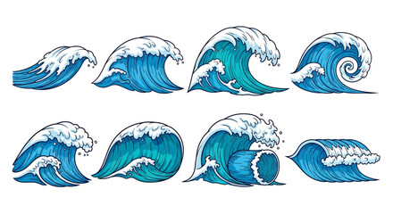 Fototapeta premium Collection of dynamic ocean waves for backgrounds and designs Illustration of stylized blue water waves in various forms