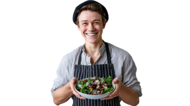 Smiling chef holding a fresh bowl of salad, showcasing healthy eating and culinary skills, isolated on white.
