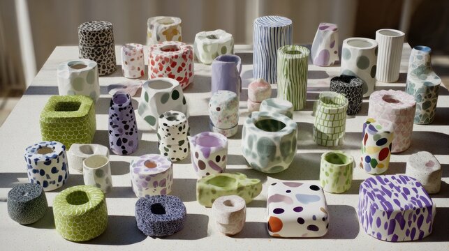 Assorted ceramic vessels, various shapes & patterns, displayed on a table