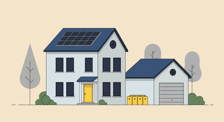 A modern house with solar panels on the roof showcases sustainable energy and ecofriendly living © arfanah02