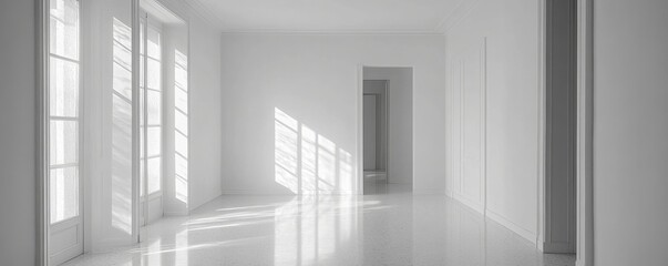 Obraz premium Interior of a white apartment, showcasing a clean and minimalist design aesthetic, Generative AI