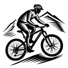 Naklejka premium Mountain biker riding downhill with peaks mountain biking