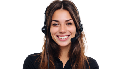 Smiling support agent with headset, isolated on white background.