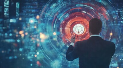 Futuristic vision: Businessman navigating digital interface with precision and insight