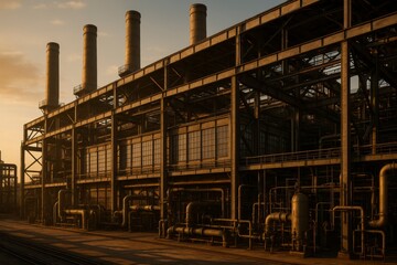 Industrial complex with pipes and smokestacks under a golden sky glow on transparent background silhouette