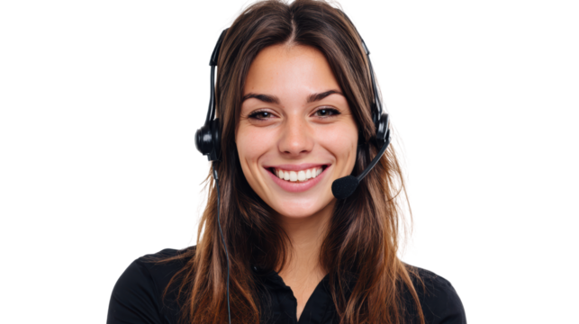 Smiling support agent with headset, isolated on white background.