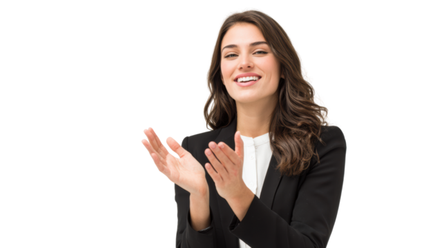 Smiling woman in a suit enthusiastically applauding with a happy expression on her face.