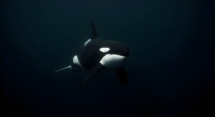 a wild orca swimming in the blue ocean at night