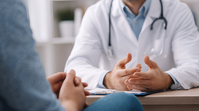 Doctor talks to patient in office setting white lab coat stethoscope visible
