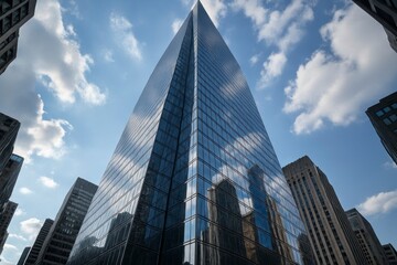 Obraz premium Low angle view of a tall glass skyscraper against a cloudy blue sky on transparent background silhouette
