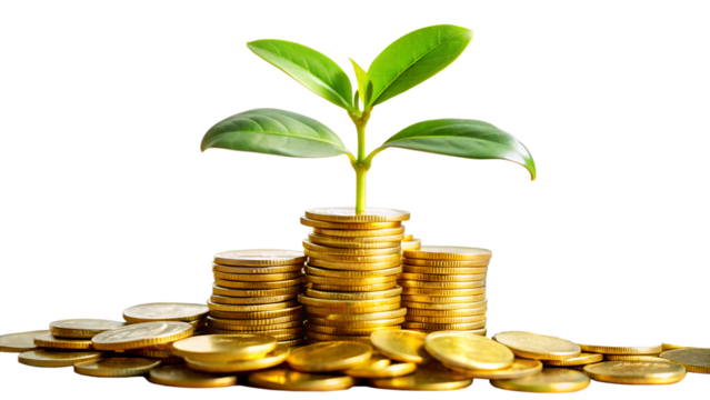 A small green plant sprouts from a stack of golden coins, symbolizing financial growth and investment success isolated on transparent background
