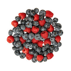 The High resolution fruit photo of mixed fruits including cherries, raspberries and blueberries arranged on a plate, taken with split focus technique.