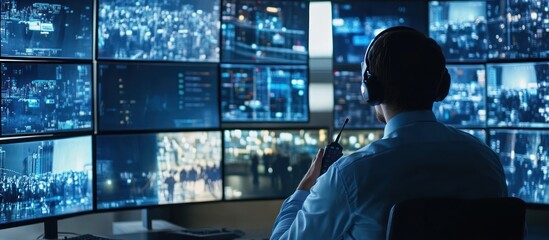 Security guard monitoring multiple screens displaying city surveillance footage