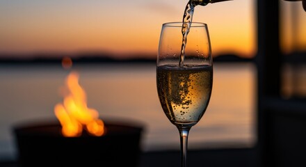 Champagne poured into a glass at sunset with a fire