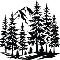 Obraz premium Mountainous forest silhouette black and white trees
