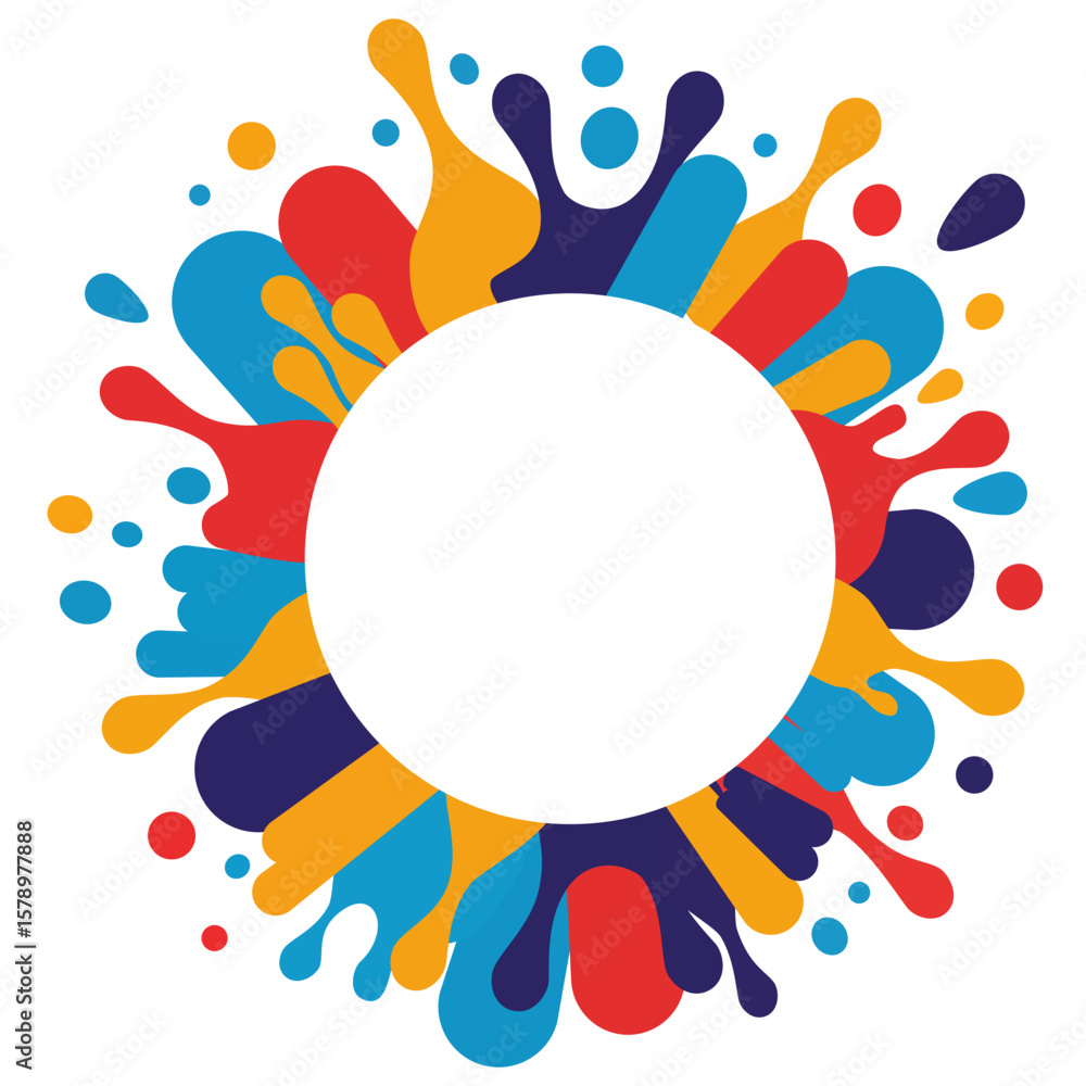 Poster colorful paint splatters forming a cheerful round frame with white copy space inside. abstract happy