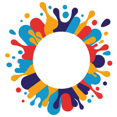Colorful paint splatters forming a cheerful round frame with white copy space inside. Abstract happy blob design.