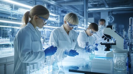 Scientists in lab coats work with beakers and a microscope