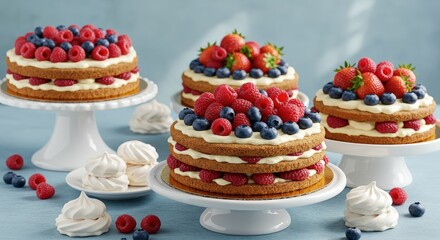 Delicious berry cakes displayed on stands