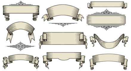 Vintage Scroll Banners Ornate Collection of Engraved Design Elements for Headers, Titles, and Decorations