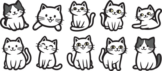 Collection of ten cartoon cats in various poses with black outlines and white fills