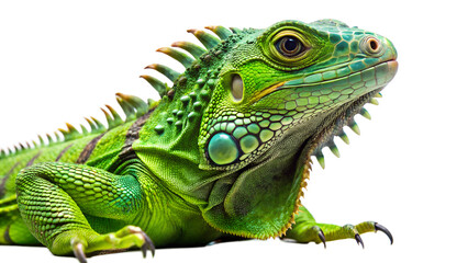 Obraz premium A detailed closeup profile of a vibrant green iguana with textured scales, isolated on a transparent background