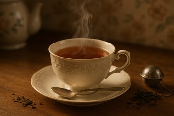 A cup of steaming tea with a spoon and tea infuser on a wooden table on transparent background silhouette