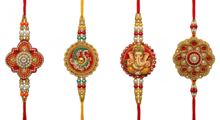 Rakhi Set: Vibrant and ornate Rakhis, traditional Indian bracelets symbolizing brother-sister bonds, feature intricate designs, precious stones, and religious motifs.