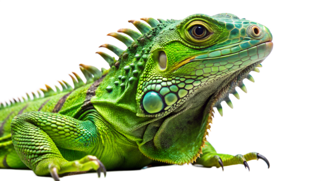 A detailed closeup profile of a vibrant green iguana with textured scales, isolated on a transparent background
