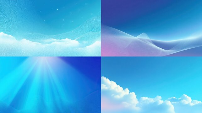 Four abstract, gradient blue backgrounds with cloud and light effects, some with fine line patterns