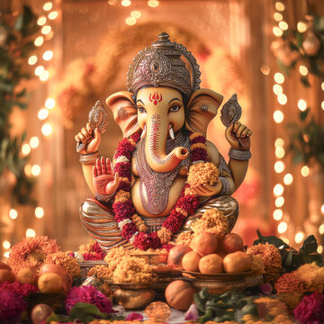 A beautifully decorated with golden ornaments of ganpati bappa