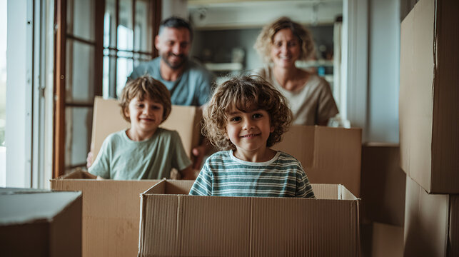 Family with two boys smile from inside moving boxes