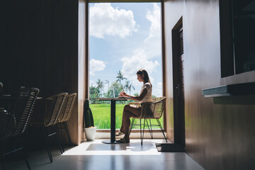 Silhouetted female freelancer types on laptop facing bright rice field, symbolizing contrast of digital focus and environmental harmony in remote creative work.