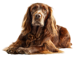 Sussex Spaniel Sitting with Droopy Eyes and Long Golden-Liver Coat, Front View, Isolated on Transparent Background